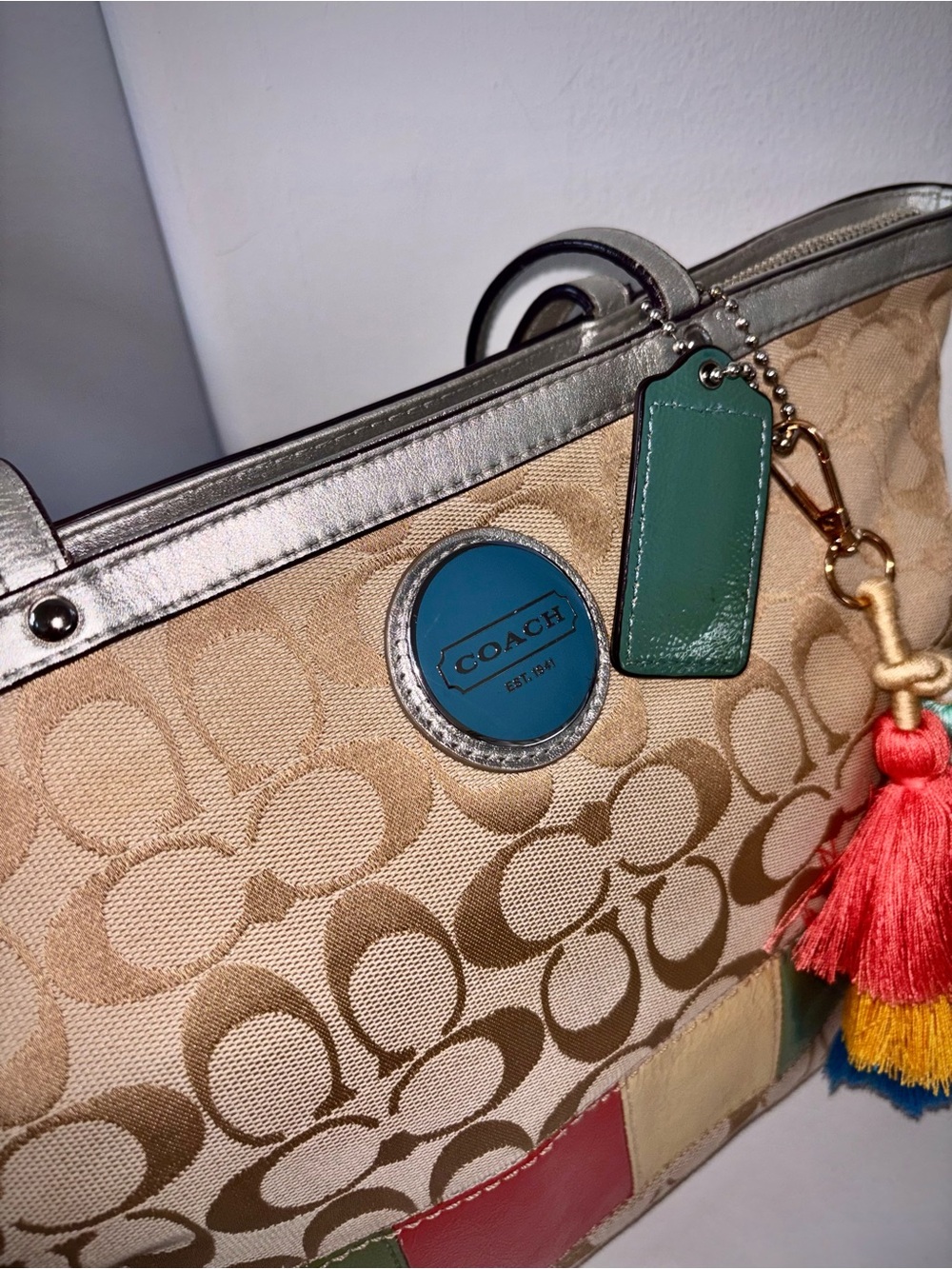 Coach Signature Stripe Tote Bag Khaki Multi Canvas Colorblock Tote Boho Chic - Picture 5 of 11